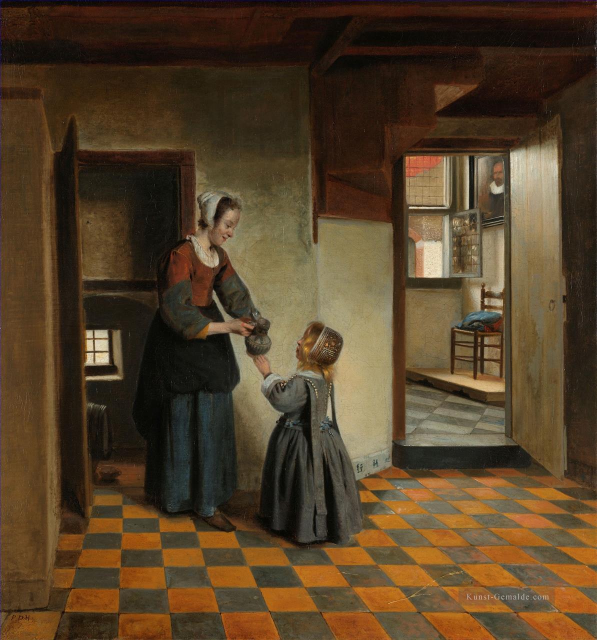 Frau mit einem Kind in einem Pantry genre Pieter de Hooch Ölgemälde
